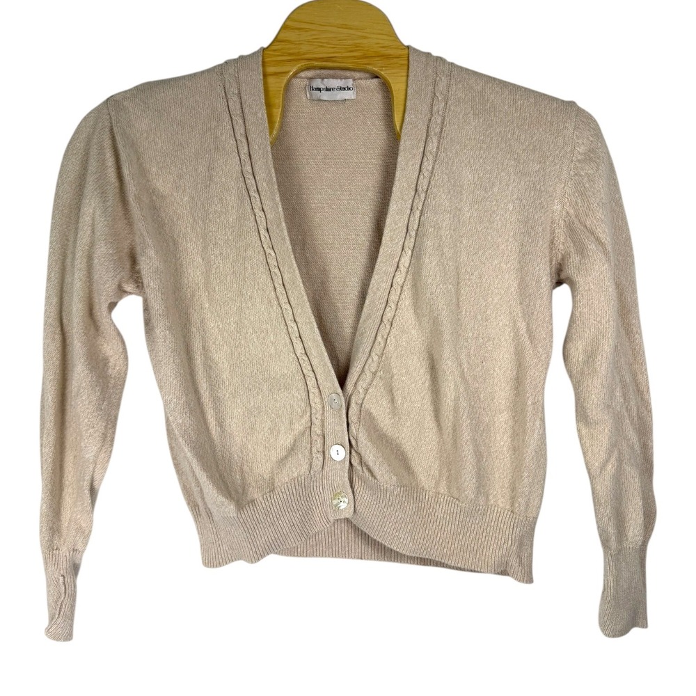 Vintage Womens Beige Tan‎ Cable Knit Button Front Cardigan Sweater Hampshire M